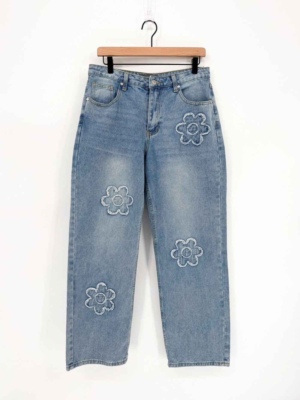 Cali 1850 Light Wash Daisy Patchwork Mid Rise Baggy Straight Leg Denim Jeans 30